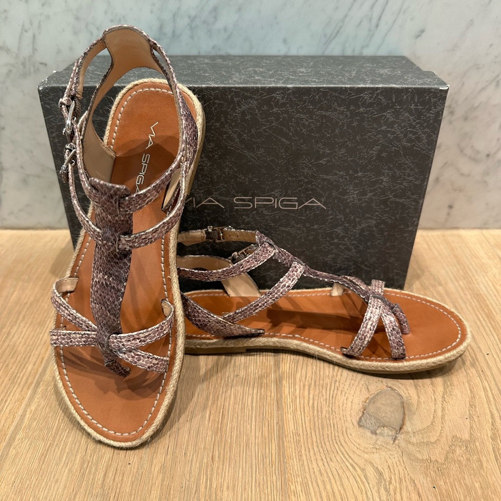 Via Spiga V-Diana Gary and Cream Snake Print Embossed Women's Sandals